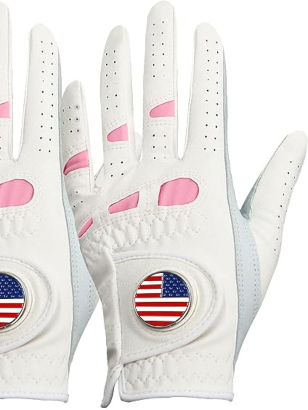 Amy Sport Women's White & Pink Leather Left Handed Golf Gloves Ball Marker 2pk-S